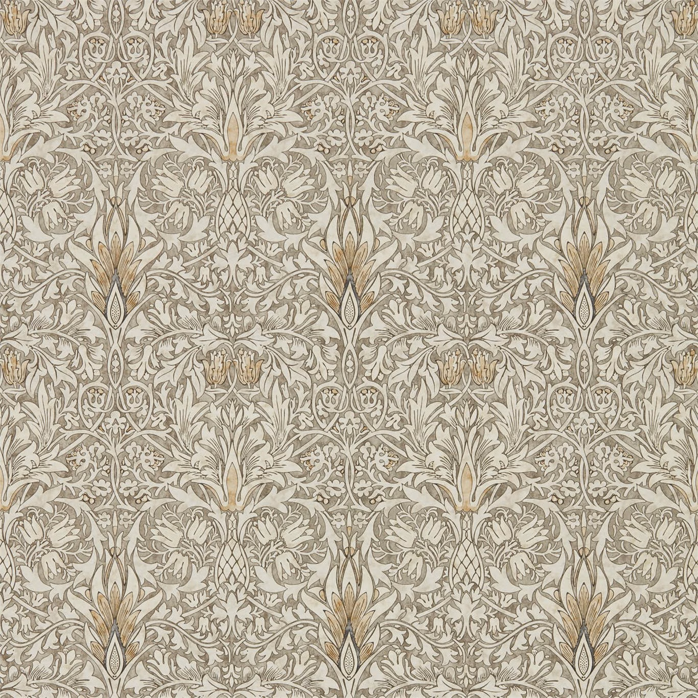 Stone grey and cream wallpaper with ornate scrolling leaves, flowers and muted gold details