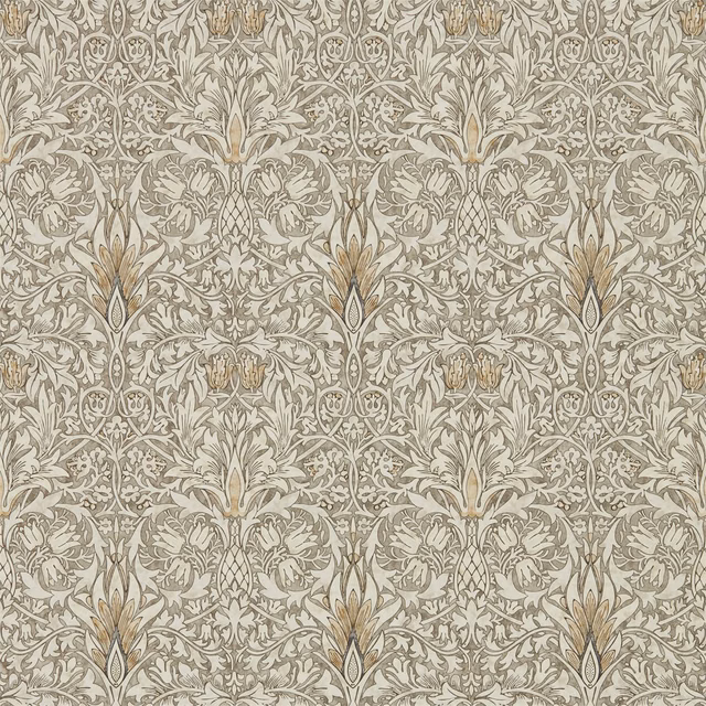 Stone grey and cream wallpaper with ornate scrolling leaves, flowers and muted gold details