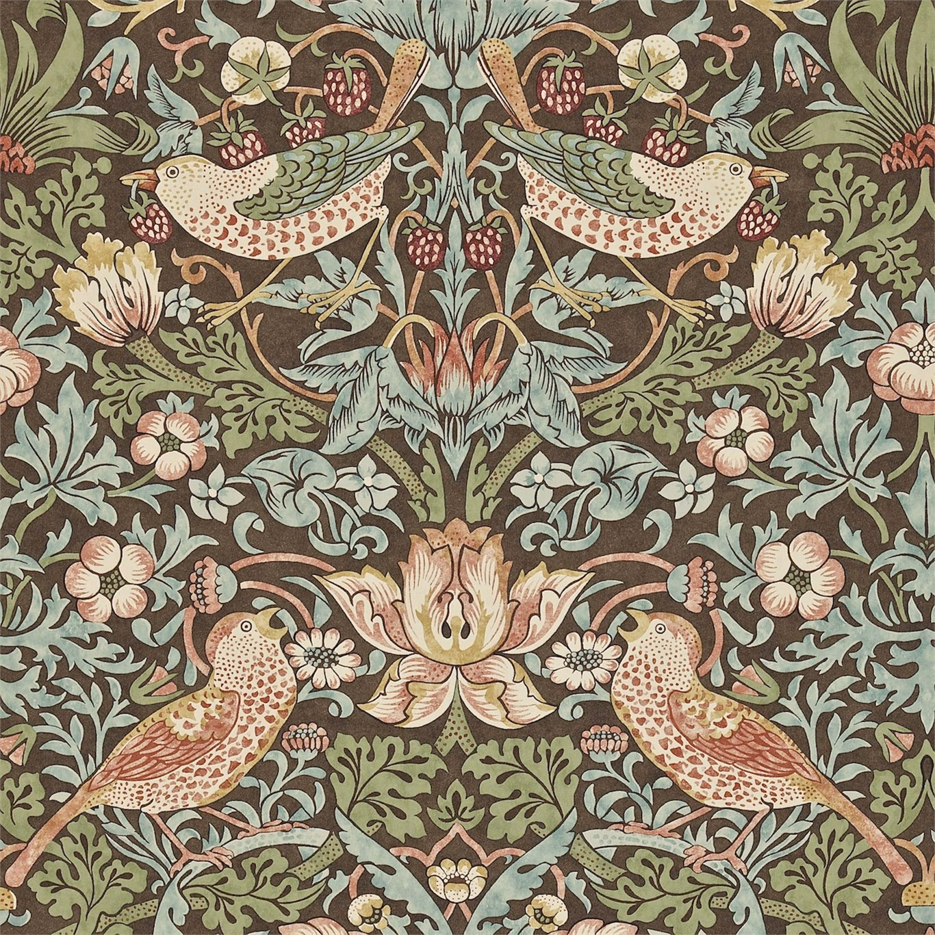 Chocolate-brown wallpaper with slate foliage, paired birds, berries and blush flowers
