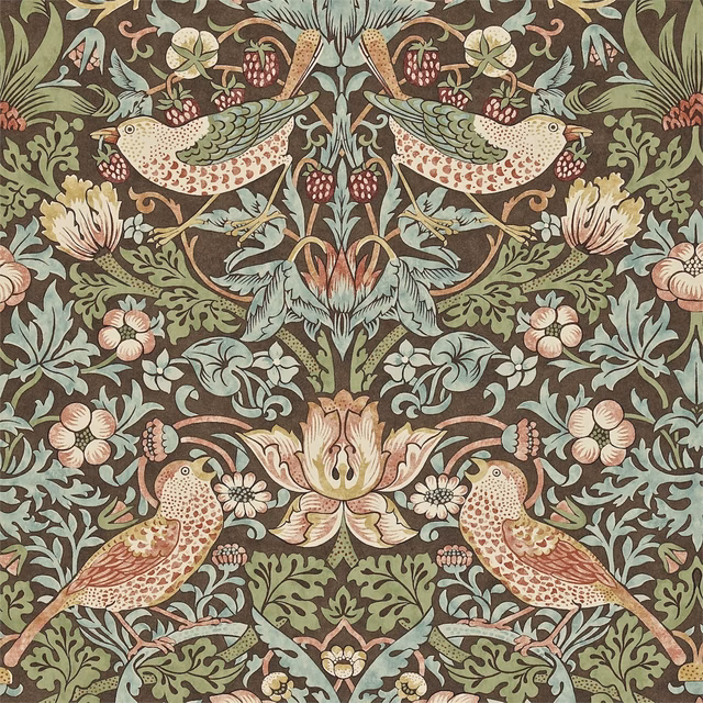 Chocolate-brown wallpaper with slate foliage, paired birds, berries and blush flowers