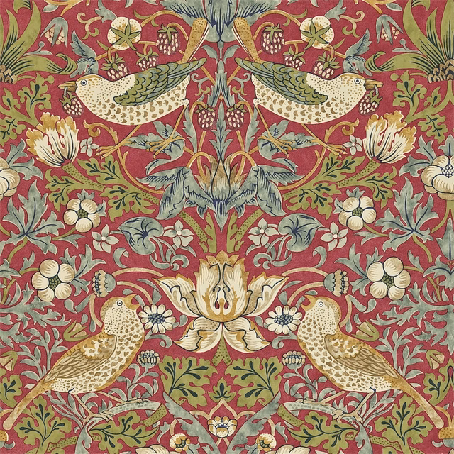 Crimson wallpaper with slate birds, cream blooms and dense scrolling foliage