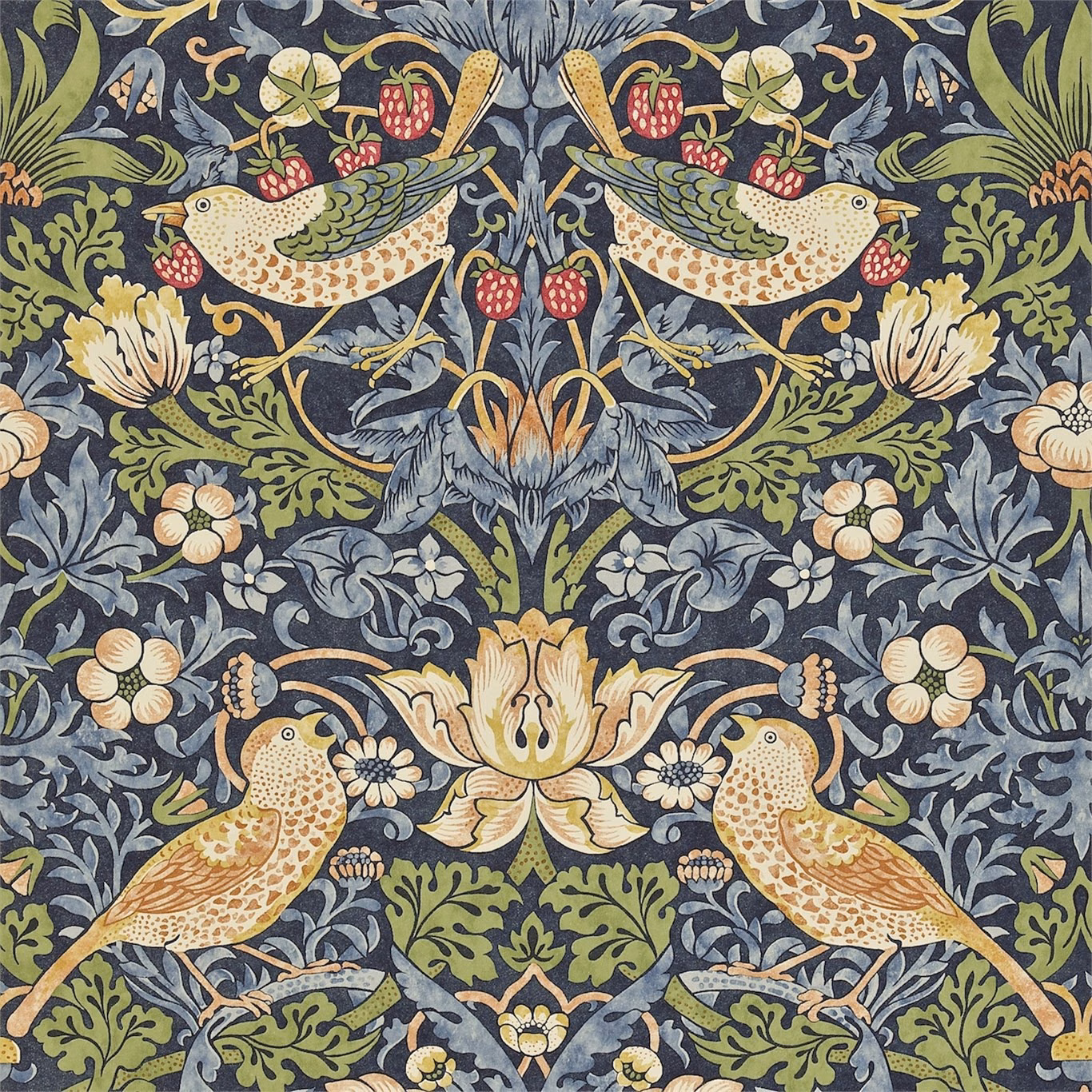 Indigo wallpaper with paired cream birds, berries, olive leaves and blue-grey flowers