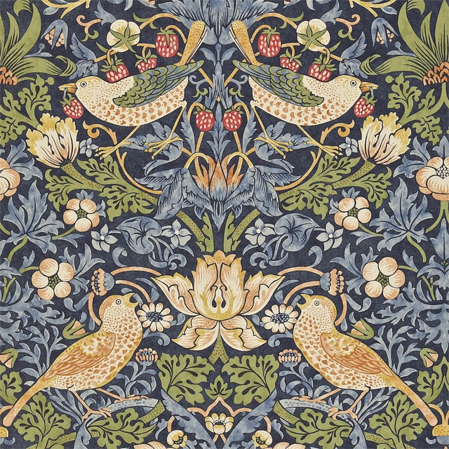 Indigo wallpaper with paired cream birds, berries, olive leaves and blue-grey flowers