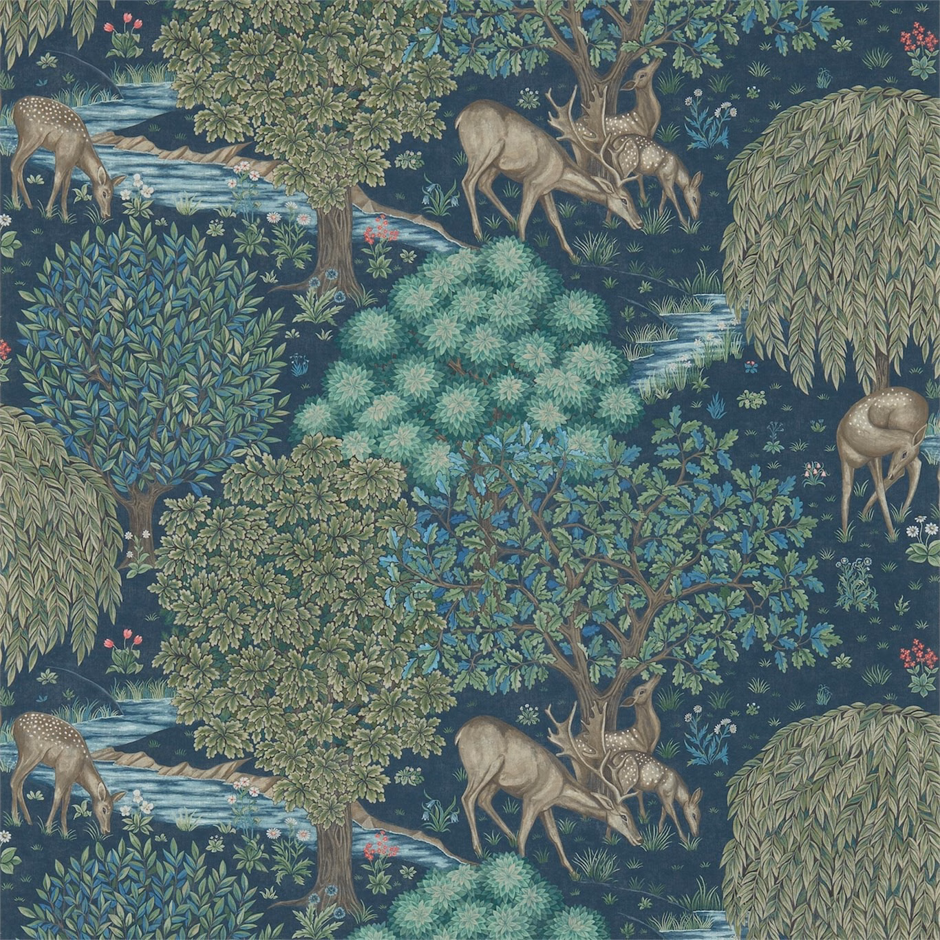 Deep blue scenic wallpaper with deer, streams, layered trees and blue-green woodland foliage