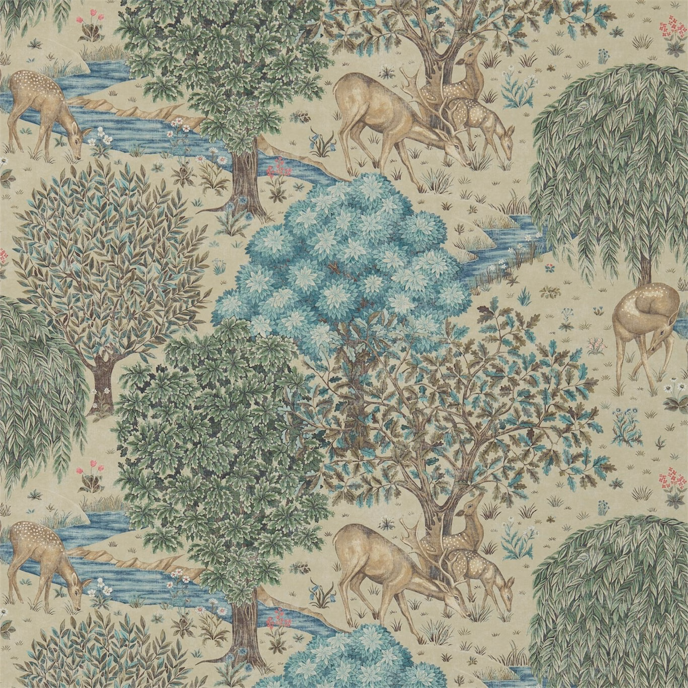 Linen-toned woodland wallpaper with blue stream, deer, trees and pale florals