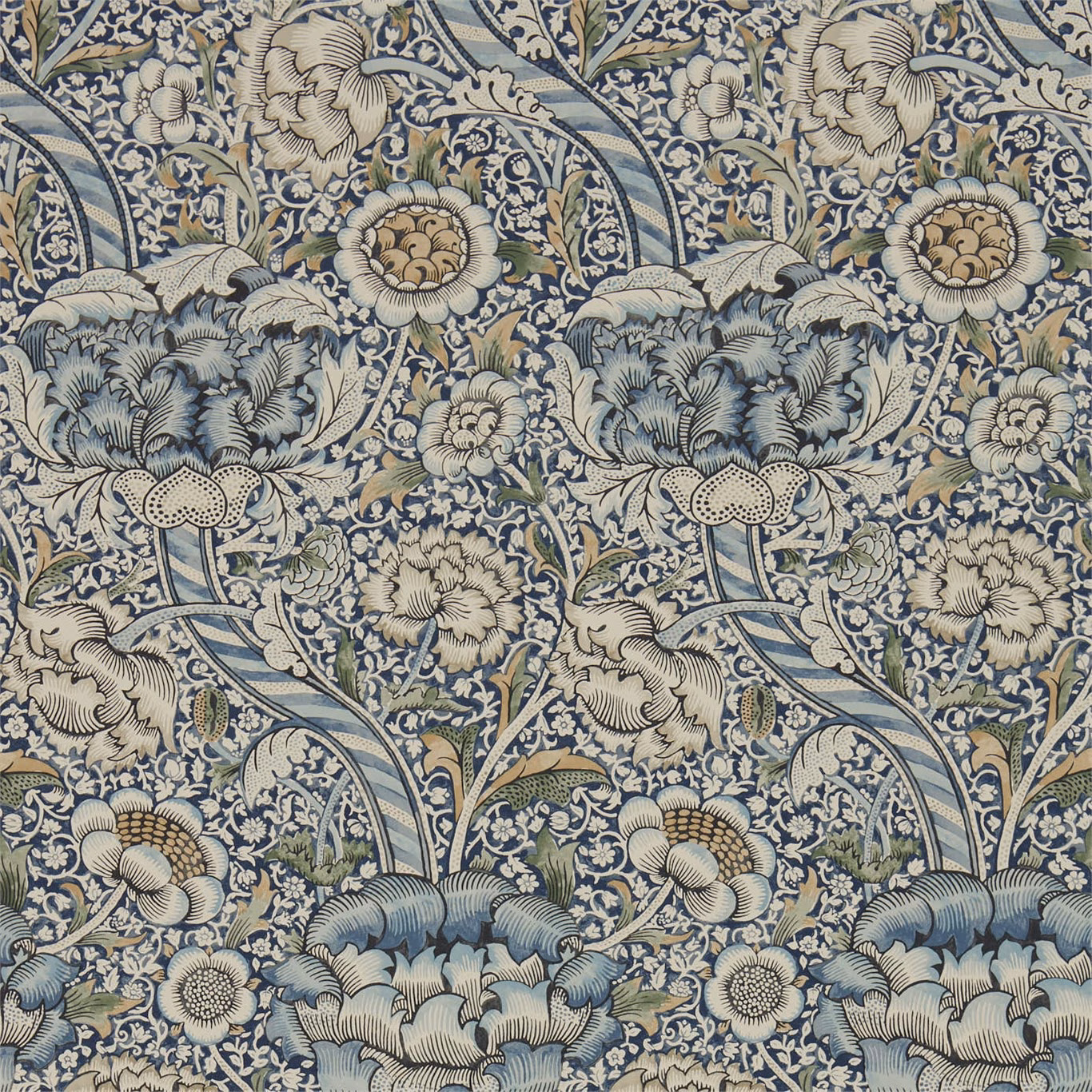 Dense blue and stone floral wallpaper with olive accents and fine scrolling stems