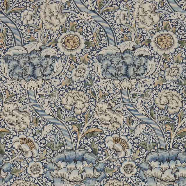 Dense blue and stone floral wallpaper with olive accents and fine scrolling stems