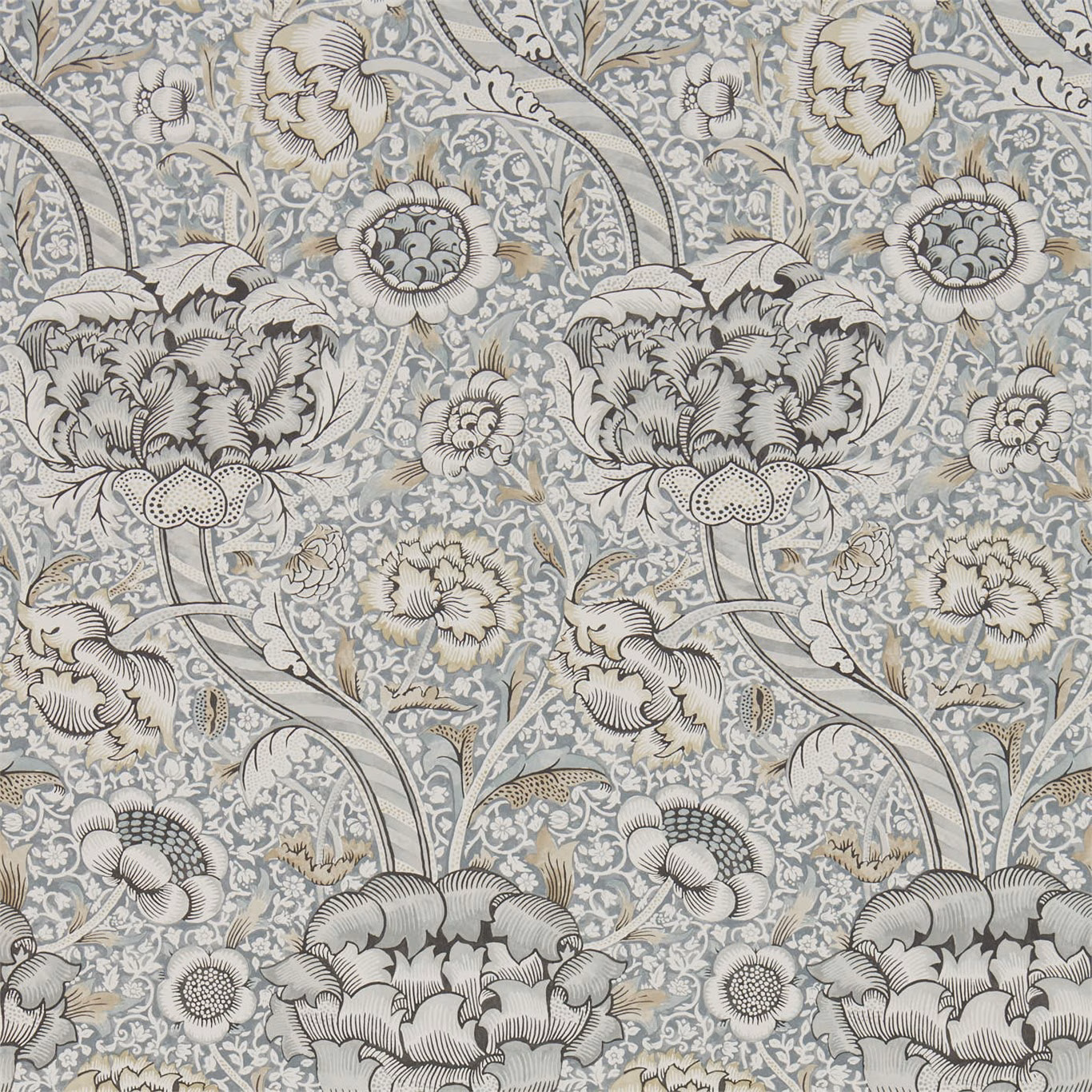 Grey-stone floral wallpaper with scrolling stems, ivory blooms and charcoal outlines