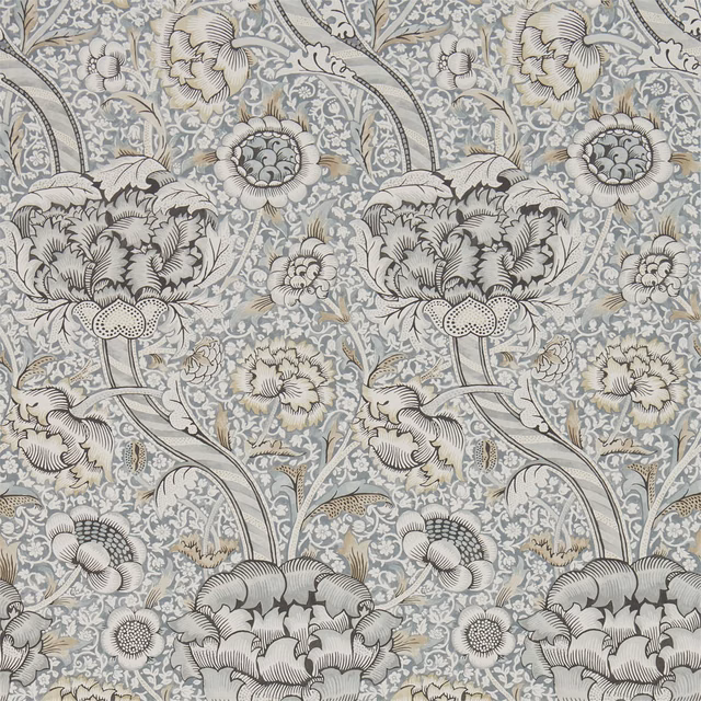 Grey-stone floral wallpaper with scrolling stems, ivory blooms and charcoal outlines