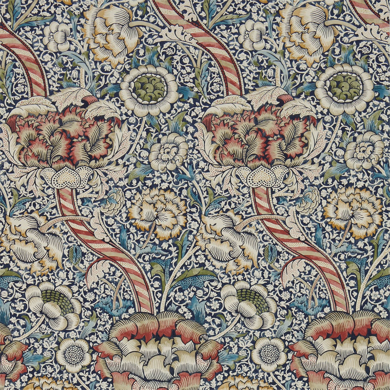 Indigo wallpaper with madder red flowers, cream blooms and olive foliage