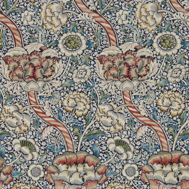 Indigo wallpaper with madder red flowers, cream blooms and olive foliage