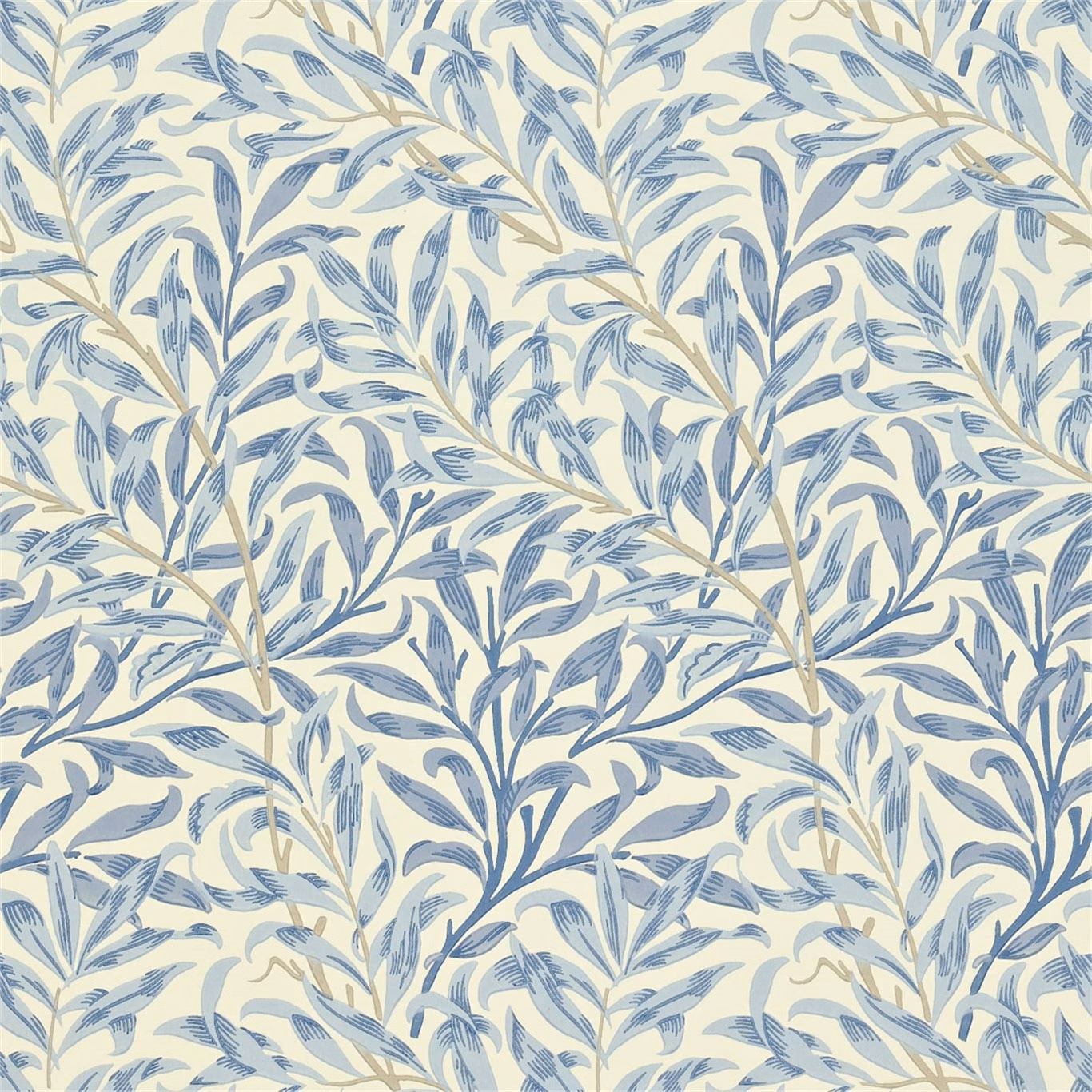 Muted blue willow branches on a softly textured cream wallpaper ground