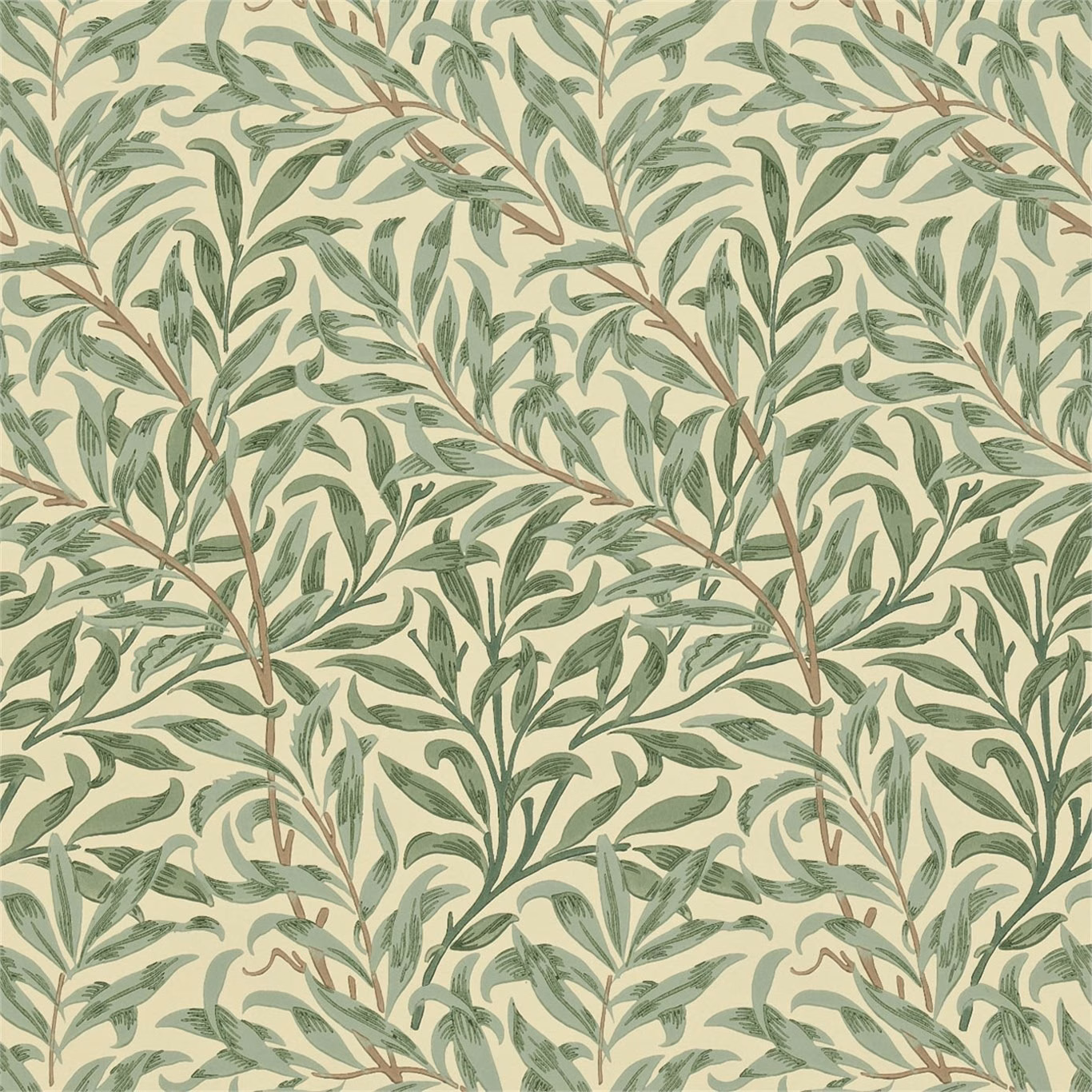 Sage and olive leafy branches with tan stems on cream botanical wallpaper
