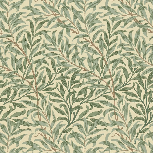 Sage and olive leafy branches with tan stems on cream botanical wallpaper