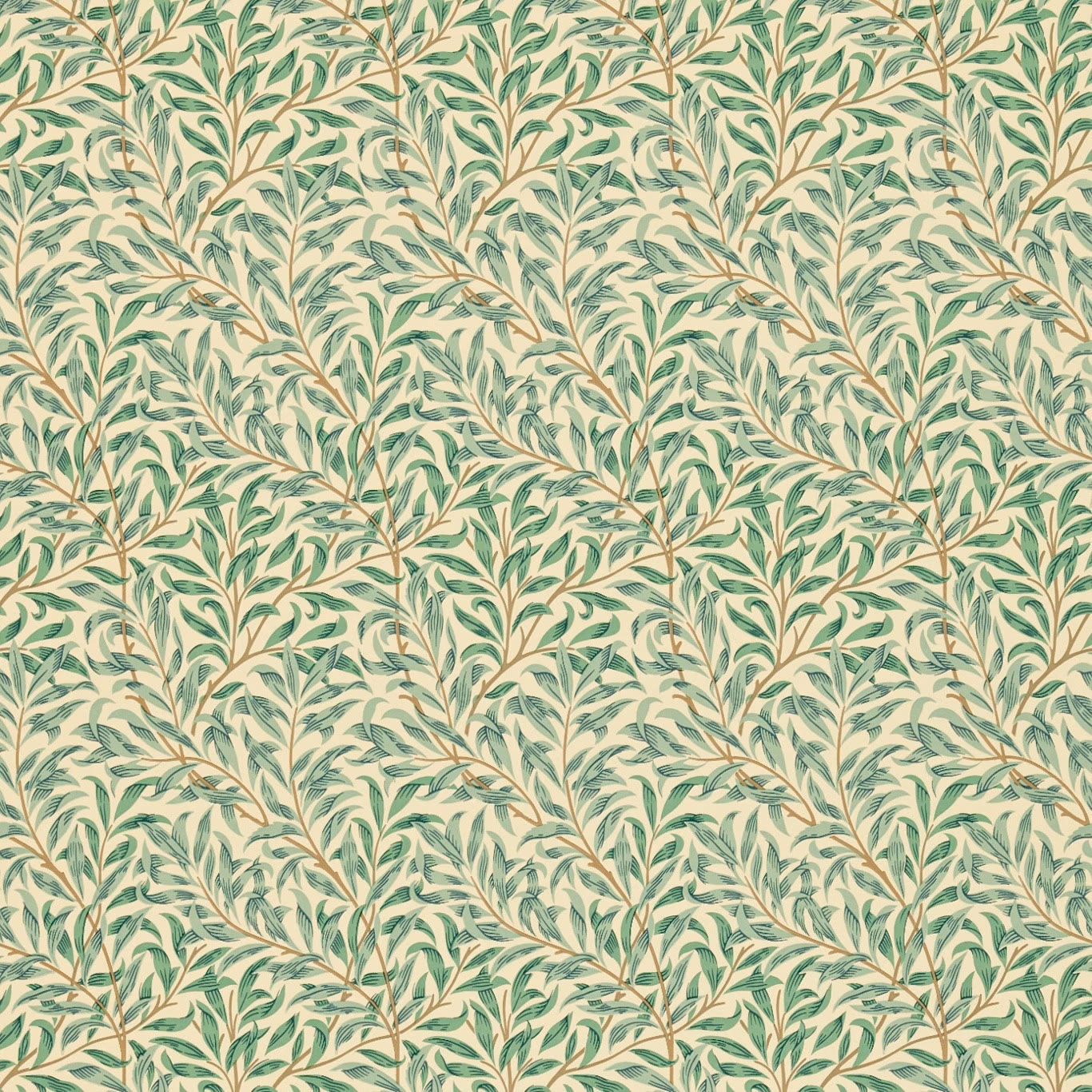 Cream wallpaper with muted sage leafy boughs and fine warm brown stems