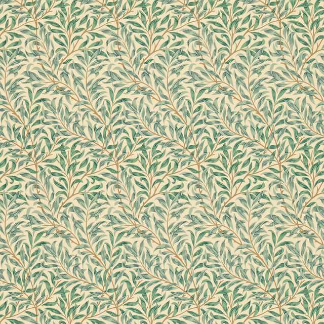 Cream wallpaper with muted sage leafy boughs and fine warm brown stems