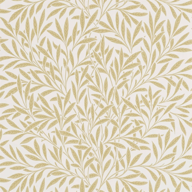 Ivory wallpaper with muted camomile-olive willow branches and finely veined leaves