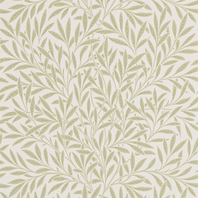Muted olive leafy branches on a warm ivory ground in Willow Olive wallpaper