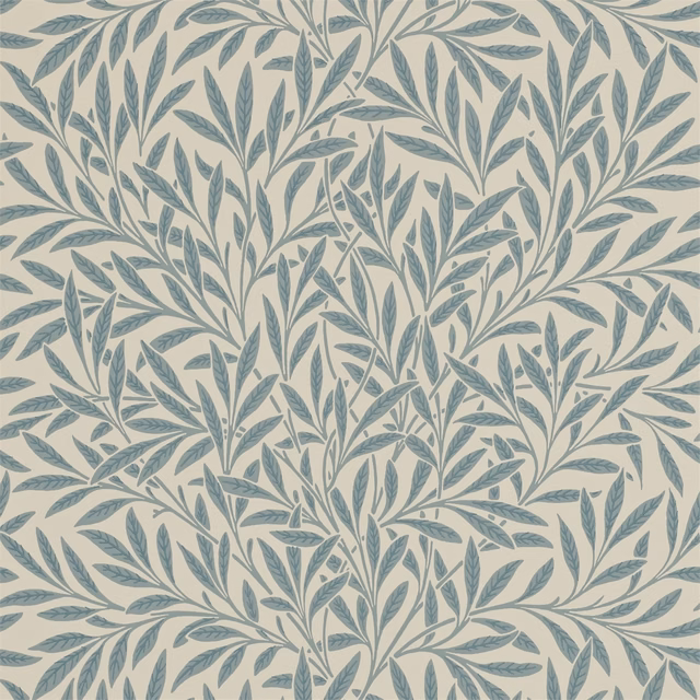 Muted slate-blue willow branches on a warm cream wallpaper ground