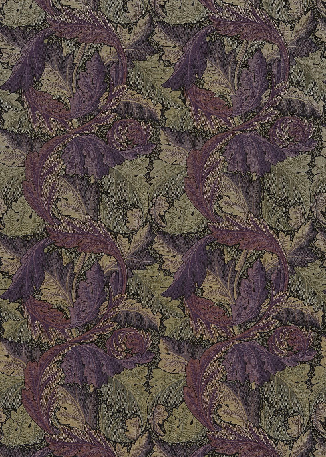 Muted grape acanthus scrolls over an olive-grey, finely textured tapestry ground
