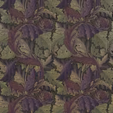Muted grape acanthus scrolls over an olive-grey, finely textured tapestry ground