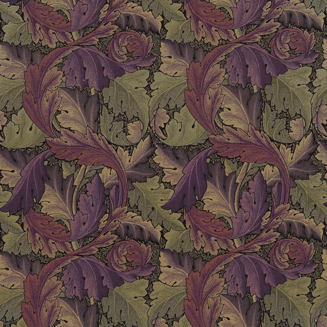 Muted grape acanthus scrolls over an olive-grey, finely textured tapestry ground