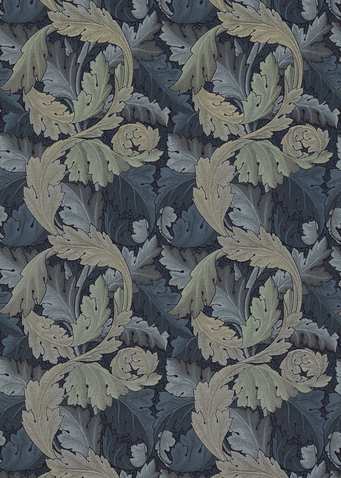 Indigo and mineral acanthus leaves woven across a richly shaded botanical fabric