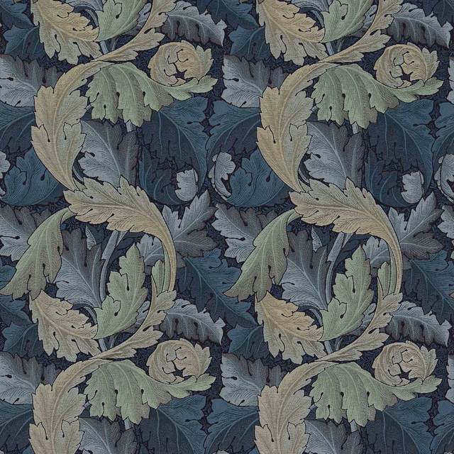 Indigo and mineral acanthus leaves woven across a richly shaded botanical fabric