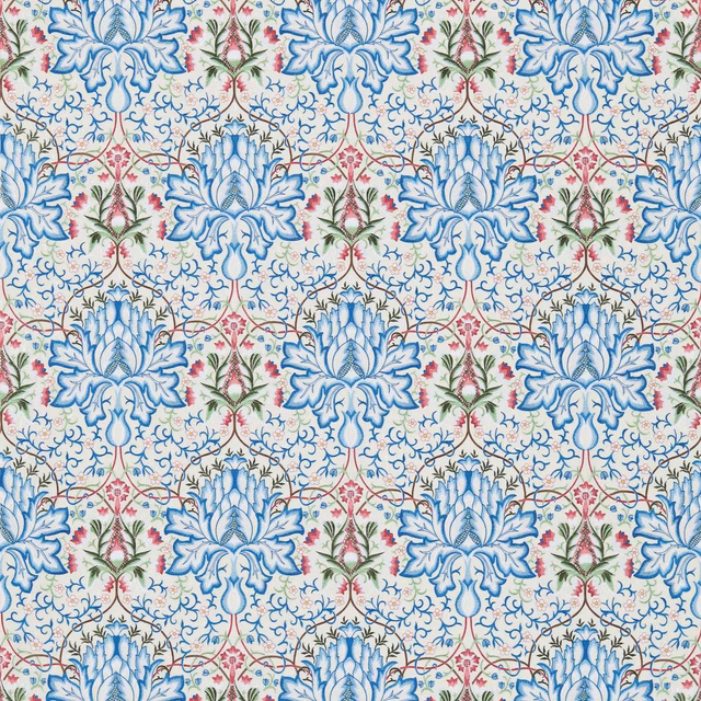 Cream textile with blue artichokes, berry sprigs and fine green curling vines