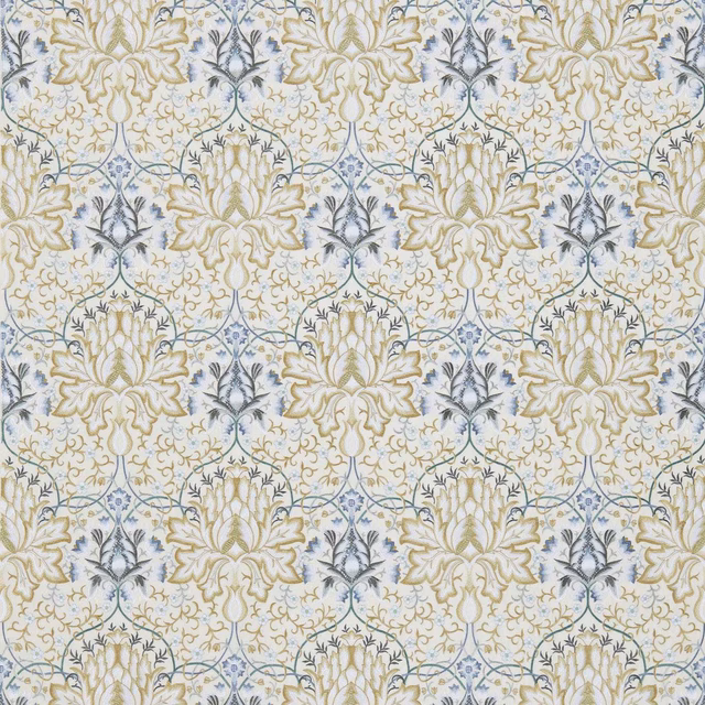 Soft gold and cream artichoke embroidery with blue-grey botanical accents