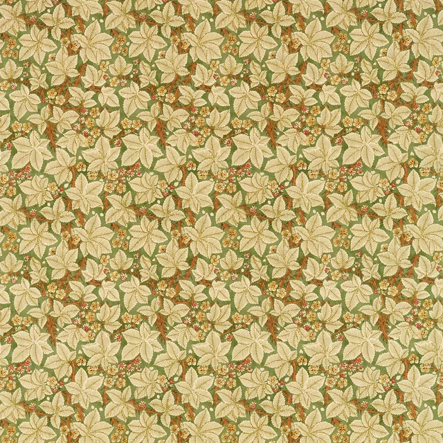 Muted olive and cream botanical leaves with russet stems in a dense woven repeat