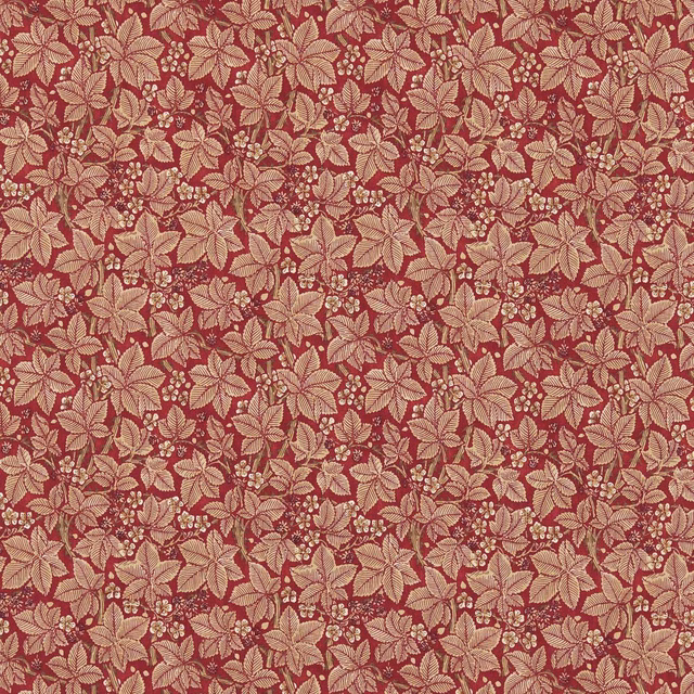 Dense botanical floral weave in deep wine red with thyme leaves and beige blossoms
