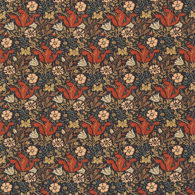Dense floral textile in faded terracotta, olive, cream and charcoal tones