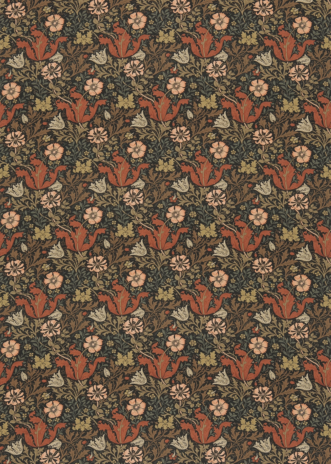 Terracotta flowering forms and peach blossoms on a dark olive floral textile