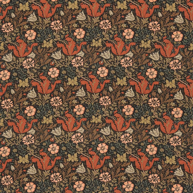 Terracotta flowering forms and peach blossoms on a dark olive floral textile