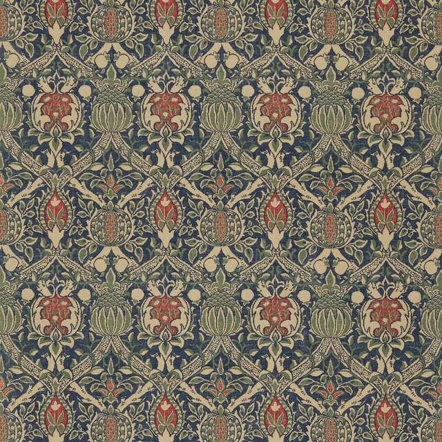 Deep indigo textile with red flowerheads, olive leaves and dense scrolling foliage