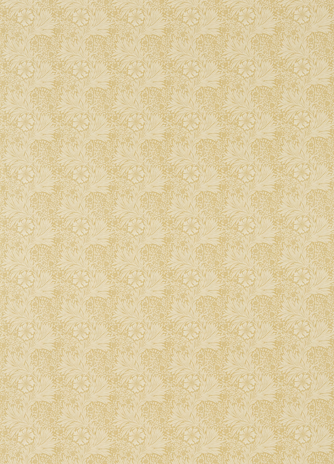 Pale marigold textile with cream botanical sprigs in a compact repeating pattern