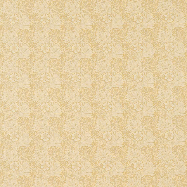 Pale marigold textile with cream botanical sprigs in a compact repeating pattern