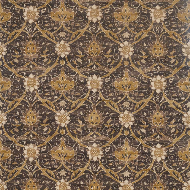 Charcoal woven fabric with muted mustard botanical medallions and ivory flowers