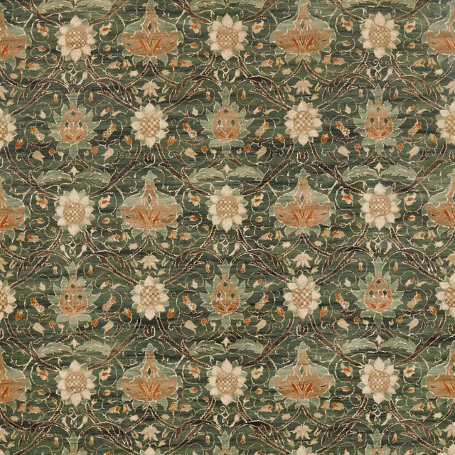 Forest teal velvet with cream rosettes, terracotta buds, and curling botanical vines