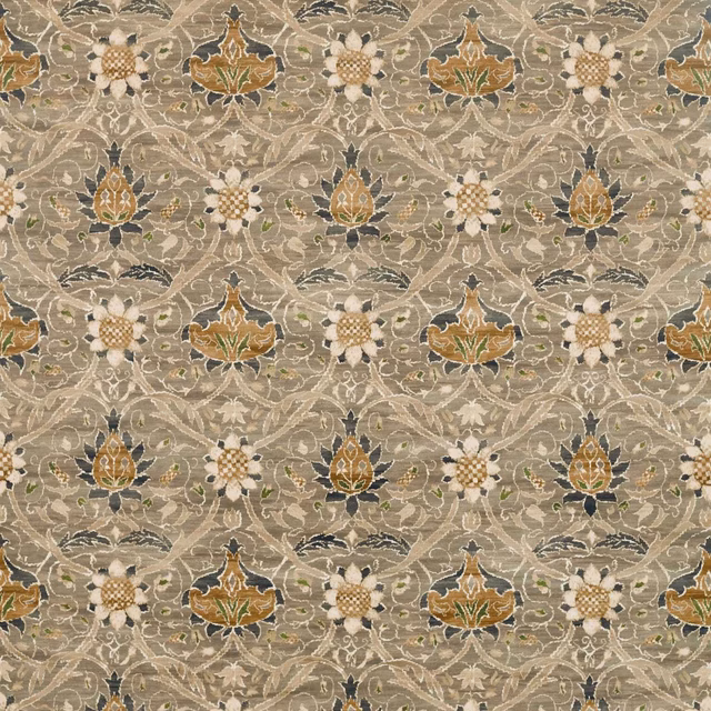Stone-grey velvet with charcoal scrolling vines, olive leaves, ochre flowers and ivory rosettes
