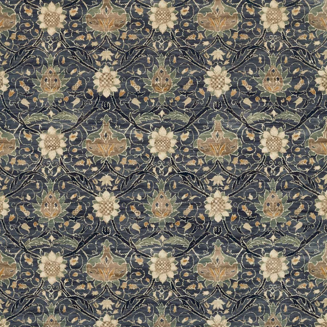 Indigo and slate velvet with ivory flowers, muted foliage and scrolling lattice