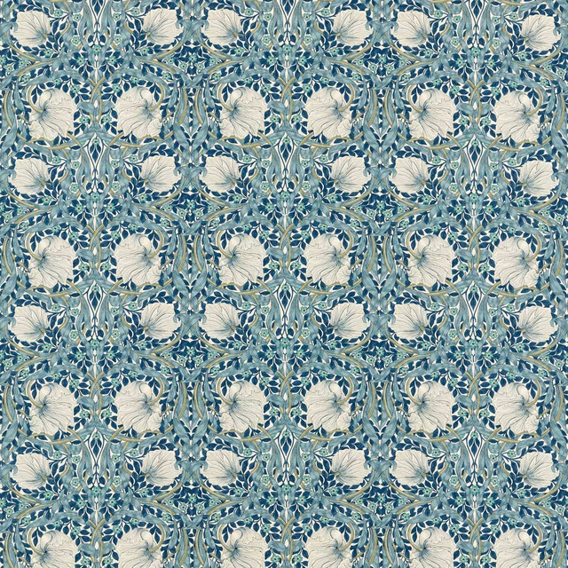 Cool mineral blue-grey ground with cobalt leafy vines and cream rosette flowers