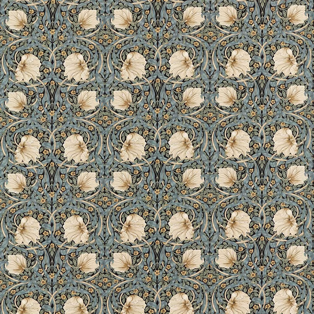 Ink-blue and sage floral fabric with cream blooms, curling vines and fine woven texture