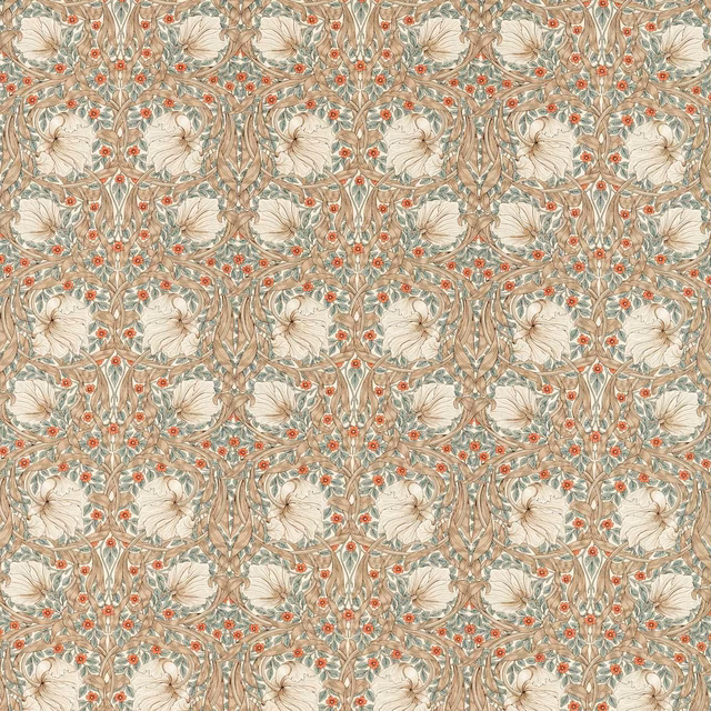 Linen and coral floral fabric with pale blooms, sage leaves and intricate taupe tracery