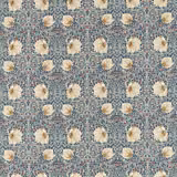 Muted woad-blue fabric with cream flowers, coral buds and dense scrolling foliage