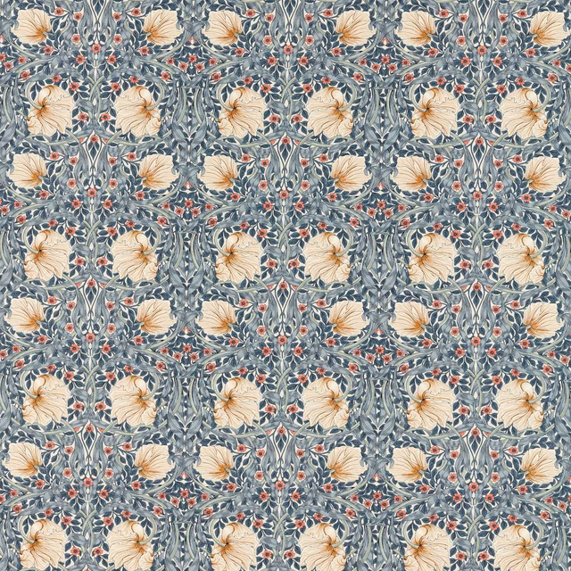 Muted woad-blue fabric with cream flowers, coral buds and dense scrolling foliage