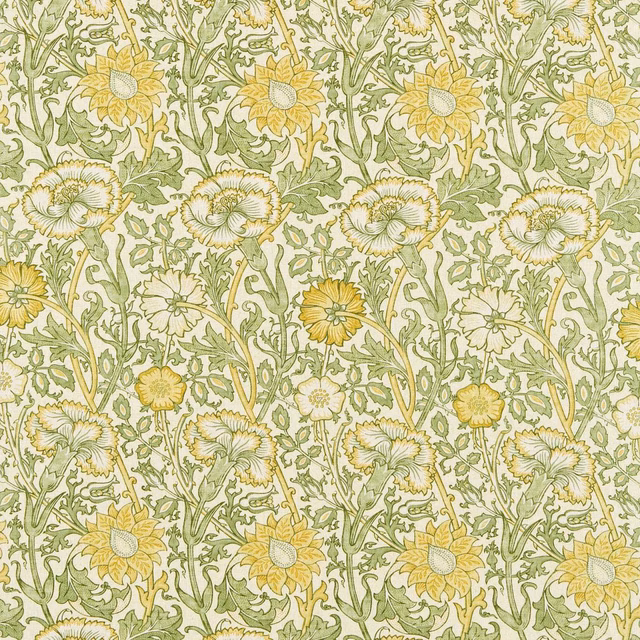 Ivory floral fabric with sage foliage, saffron blooms and subtle rose detailing