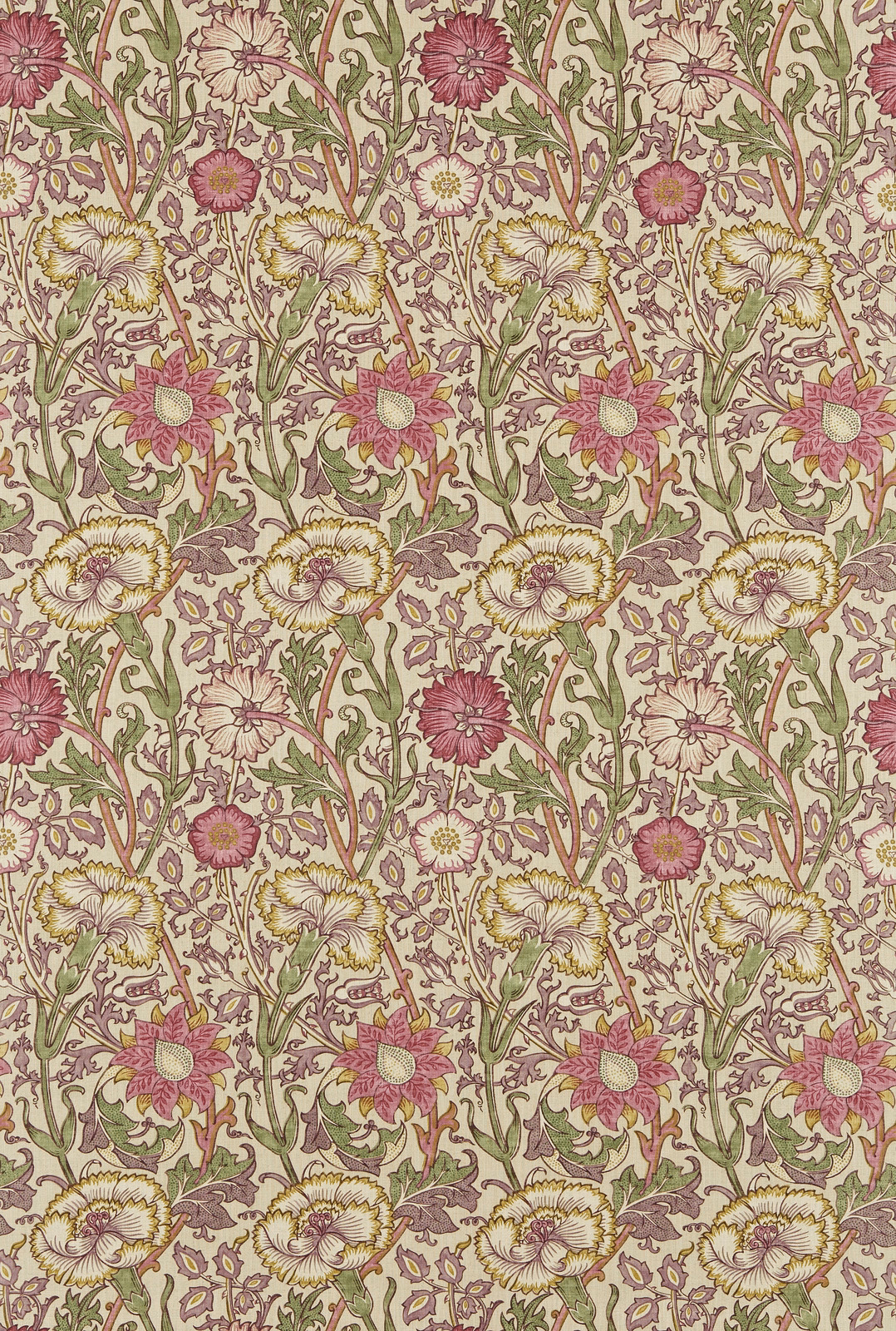Cream floral fabric with rose and wine blooms, olive stems and intricate scrolling detail