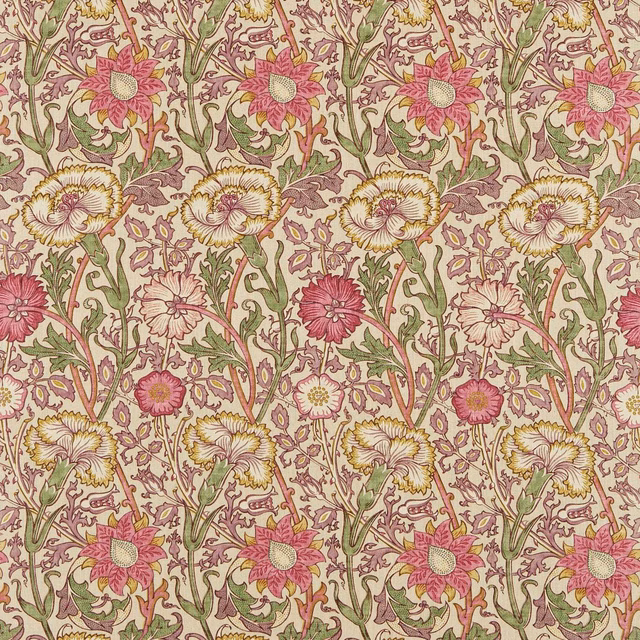 Cream floral fabric with rose and wine blooms, olive stems and intricate scrolling detail